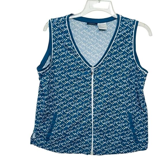 Kaelin Activewear Top Blue Abstract Print Full Zip Up Sleeveless Shirt Sz L - Picture 1 of 10